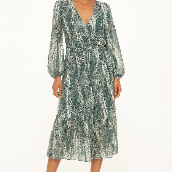 Rokoko Green and White Leaf Print Tiered Ruffle Maxi Dress Resortwear Tropical - Picture 1 of 6